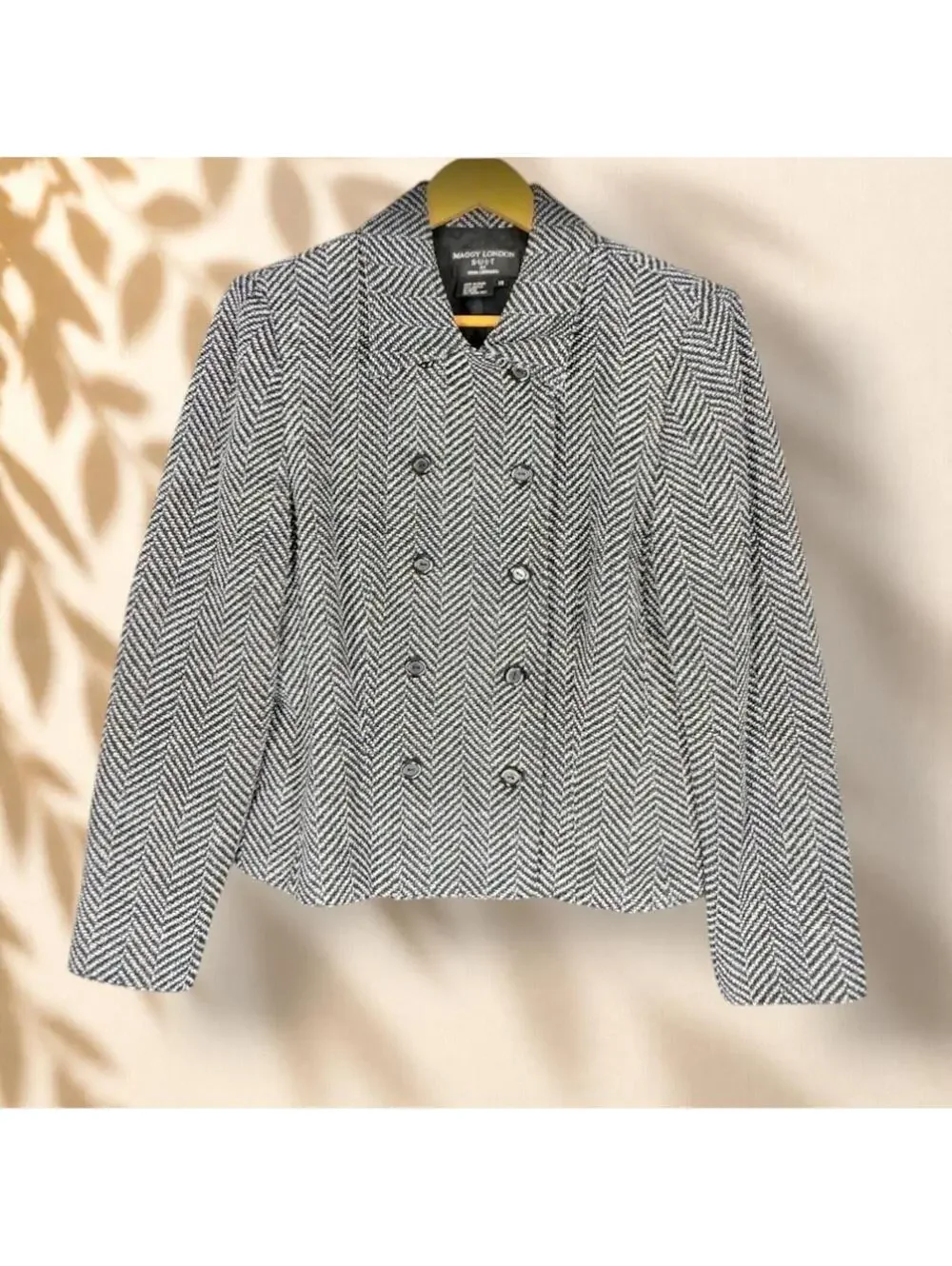 Maggy London Pea Coat Women 14 Black Striped Button Collared Long Sleeve Casual